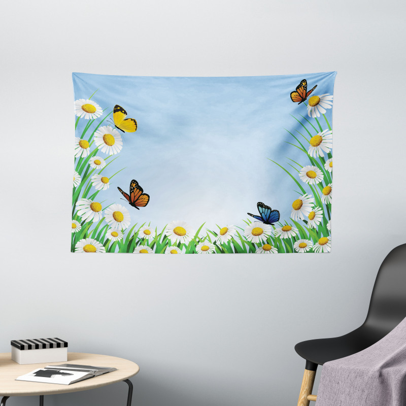Daisy with Butterflies Wide Tapestry