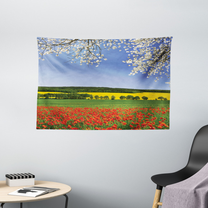 Poppy Field Landscape Wide Tapestry