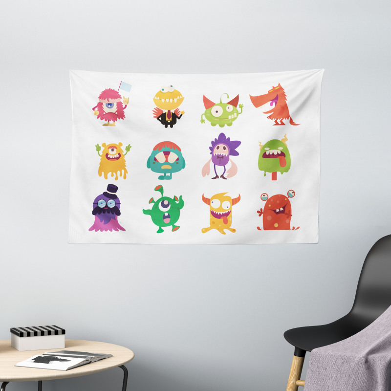 Funny Monsters Cartoon Art Wide Tapestry