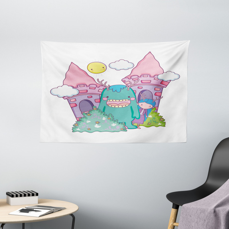 Little Girl Monster Castle Wide Tapestry