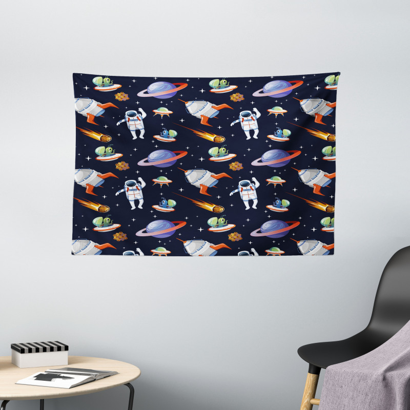 Galaxy Asteroid UFO Astronaut Wide Tapestry