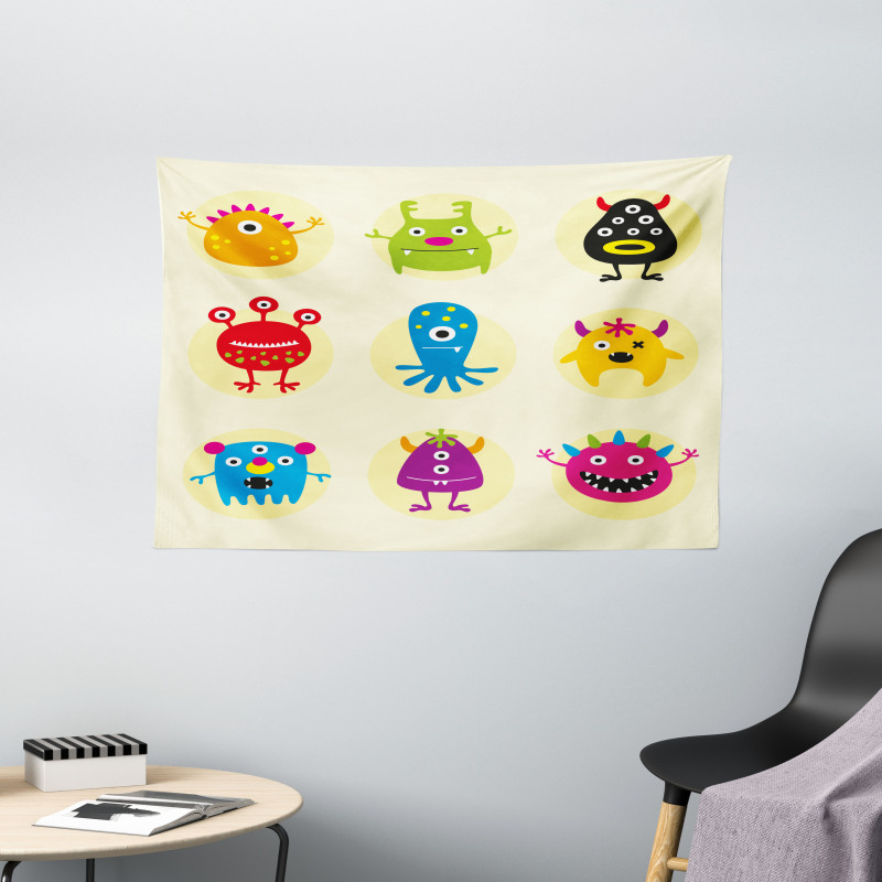 Colorful Monsters Funny Faces Wide Tapestry