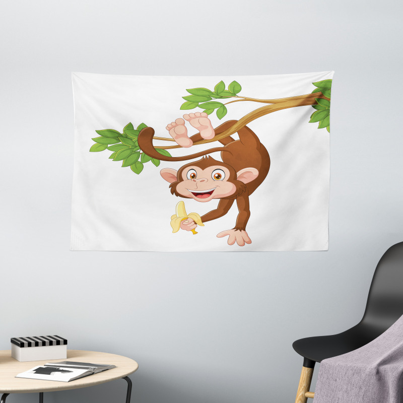 Monkey with Banana Tree Wide Tapestry