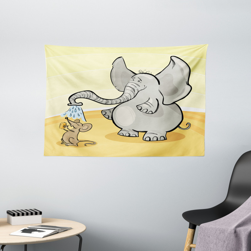 Elephant Bathing Mouse Wide Tapestry