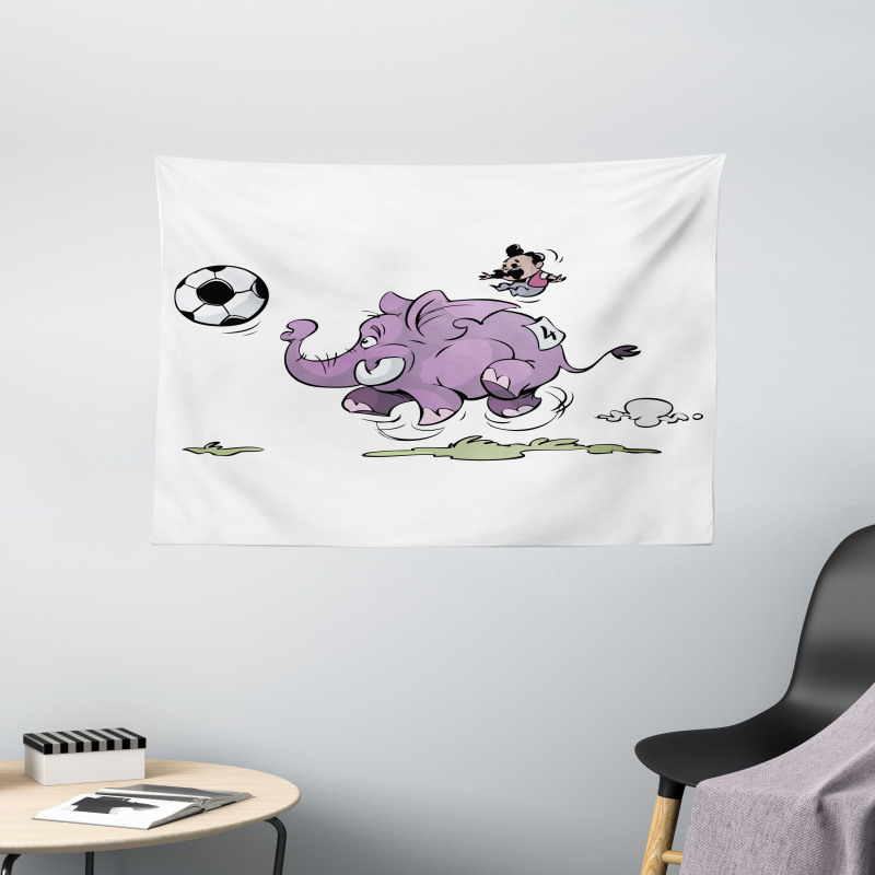 Elephant Playing Soccer Wide Tapestry