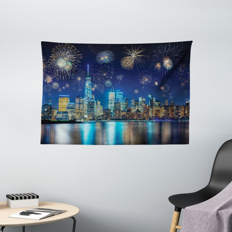 New Year Night Fireworks Wide Tapestry