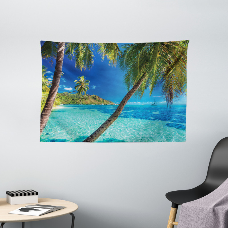Palm Trees Sea Beach Wide Tapestry