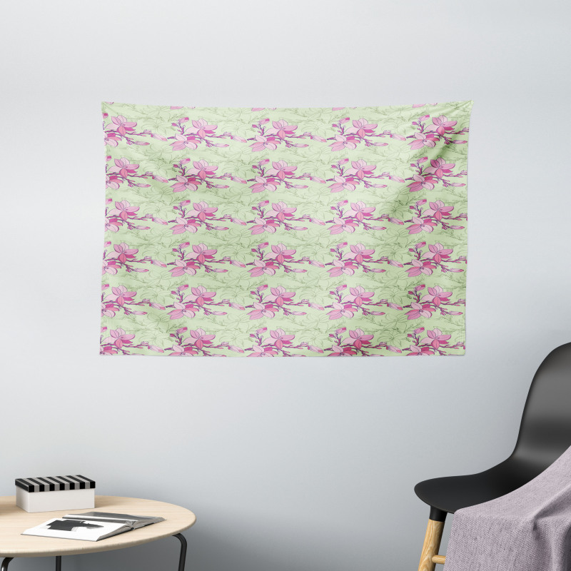 Pinkish Flower Silhouettes Wide Tapestry