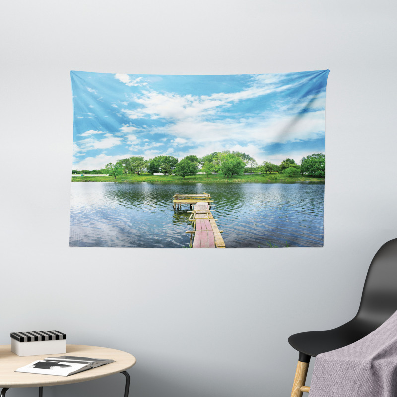 Wooden Dock over Lake Wide Tapestry