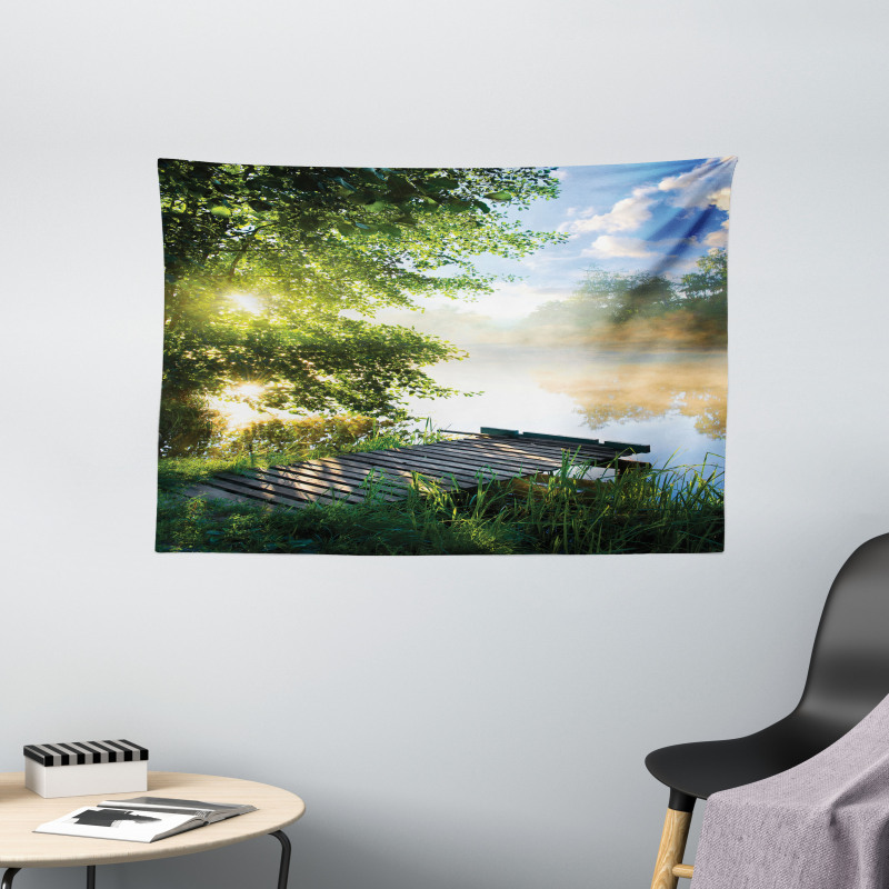 Fishing Pier by River Wide Tapestry