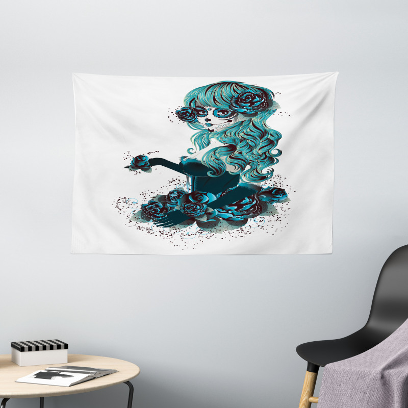 Grunge Skull Girl Roses Wide Tapestry