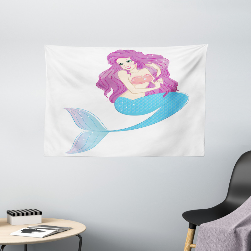 Mermaid with Pink Hair Wide Tapestry