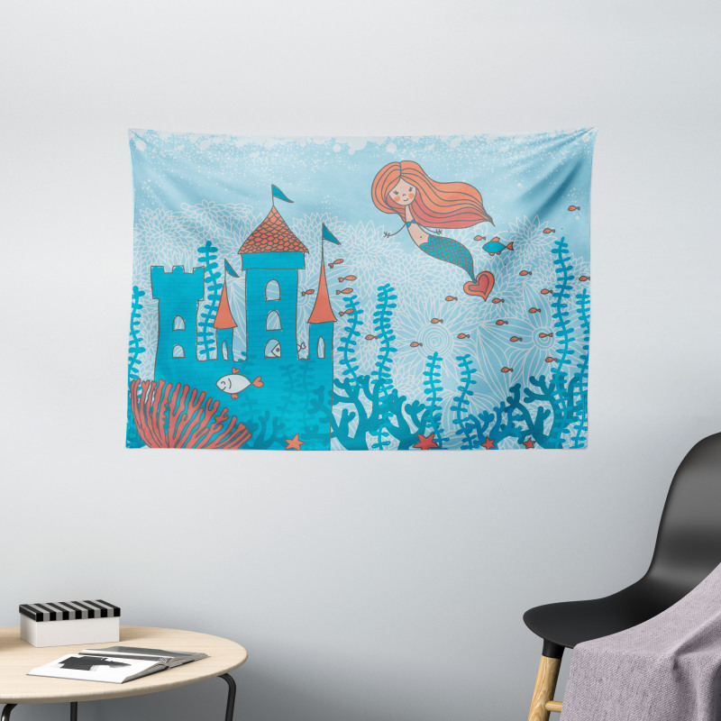 Cartoon Castle Corals Wide Tapestry