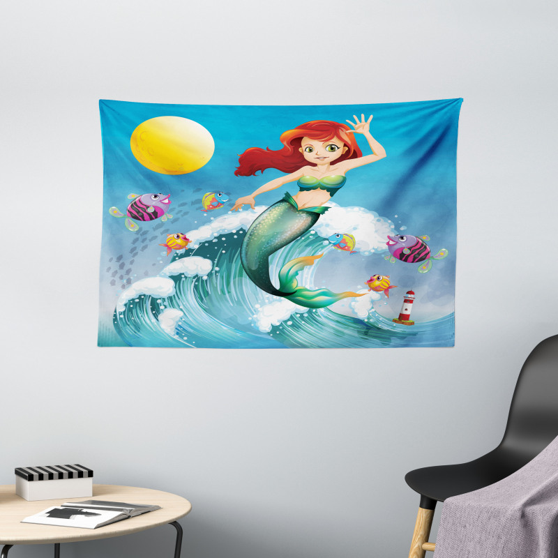 Wave with Cartoon Fish Wide Tapestry