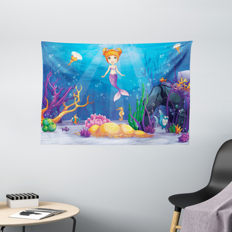 Cartoon Mermaid Fish Wide Tapestry