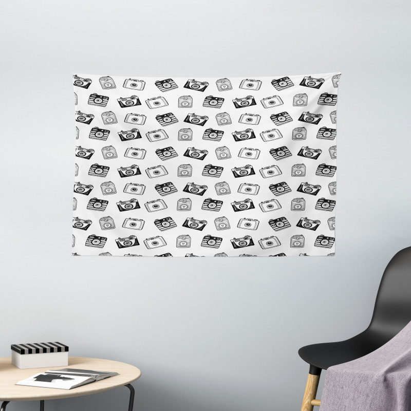 Pencil Drawn Retro Cameras Wide Tapestry