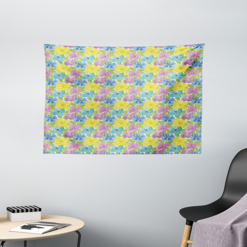 Watercolor Flower and Leaves Wide Tapestry