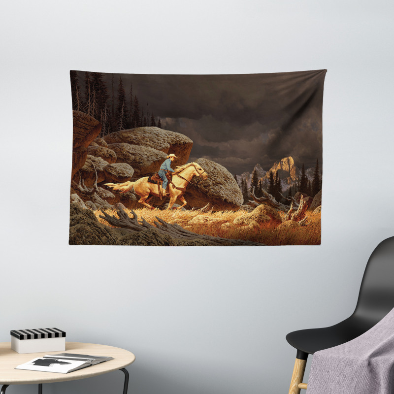 Cowboy Riding Horse Wide Tapestry