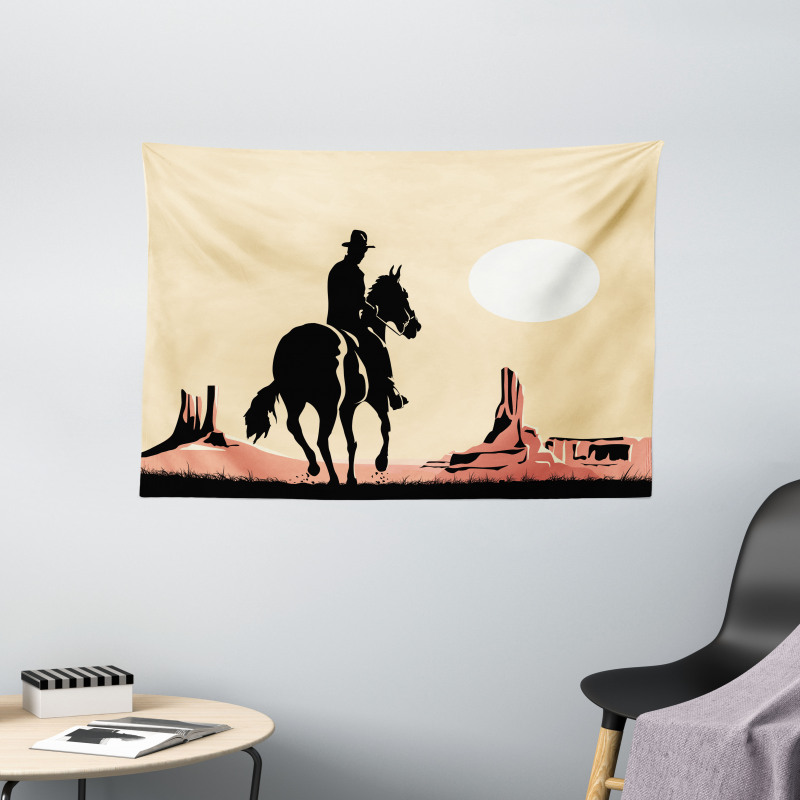 Cowboy Horse Sunset Wide Tapestry