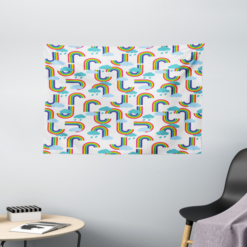 Rainbow and Clouds Pattern Wide Tapestry