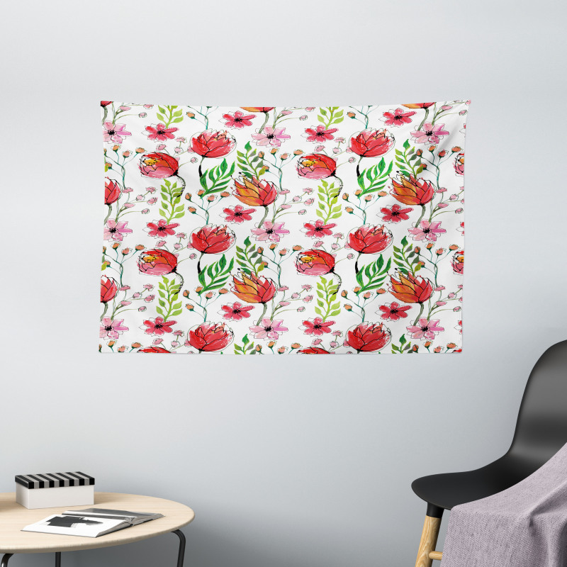 Scribbled Flowers and Leaves Wide Tapestry