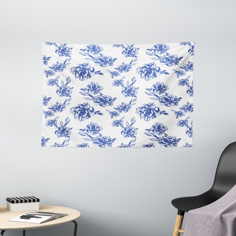 Blue Peonies Blossom Art Wide Tapestry