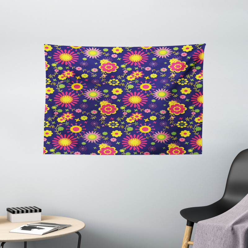 Flowers in Childish Pattern Wide Tapestry