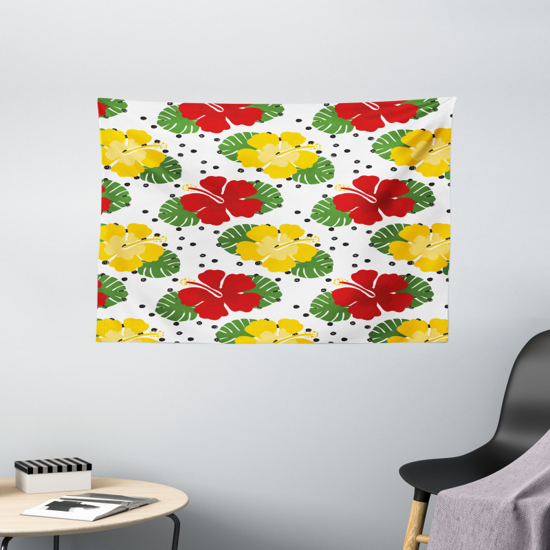 Grunge Dots and Hibiscus Wide Tapestry