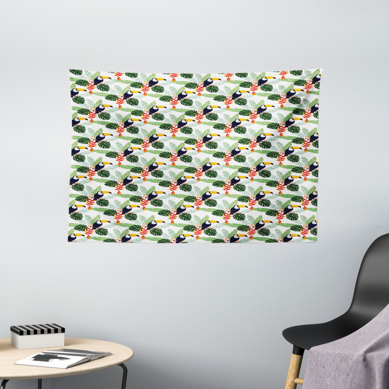 Flowers and Toucan Birds Wide Tapestry