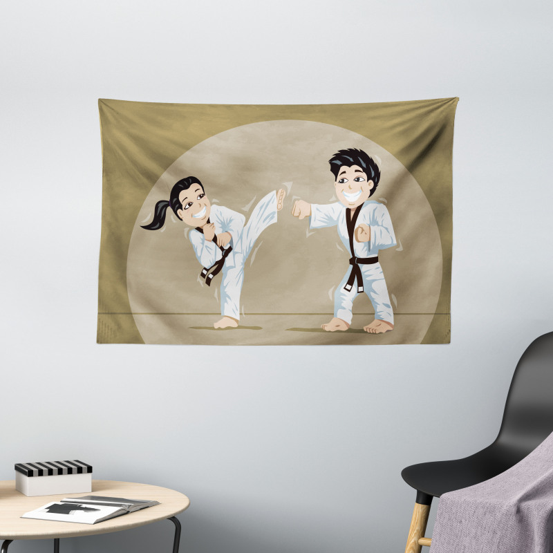 Children Karate Cartoon Art Wide Tapestry