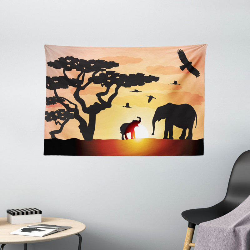 Sunset Animal Tree Wide Tapestry