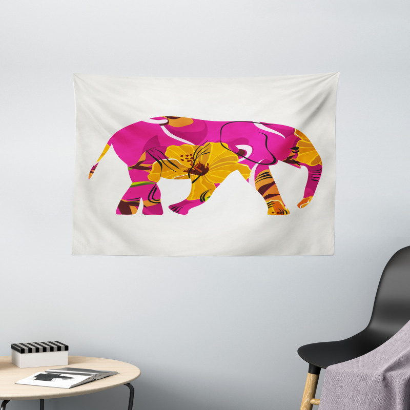 Elephant in Tropic Flowers Wide Tapestry