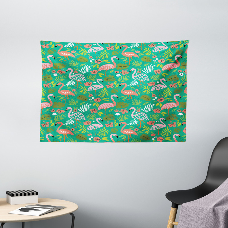 Caribbean Botany Flamingos Wide Tapestry