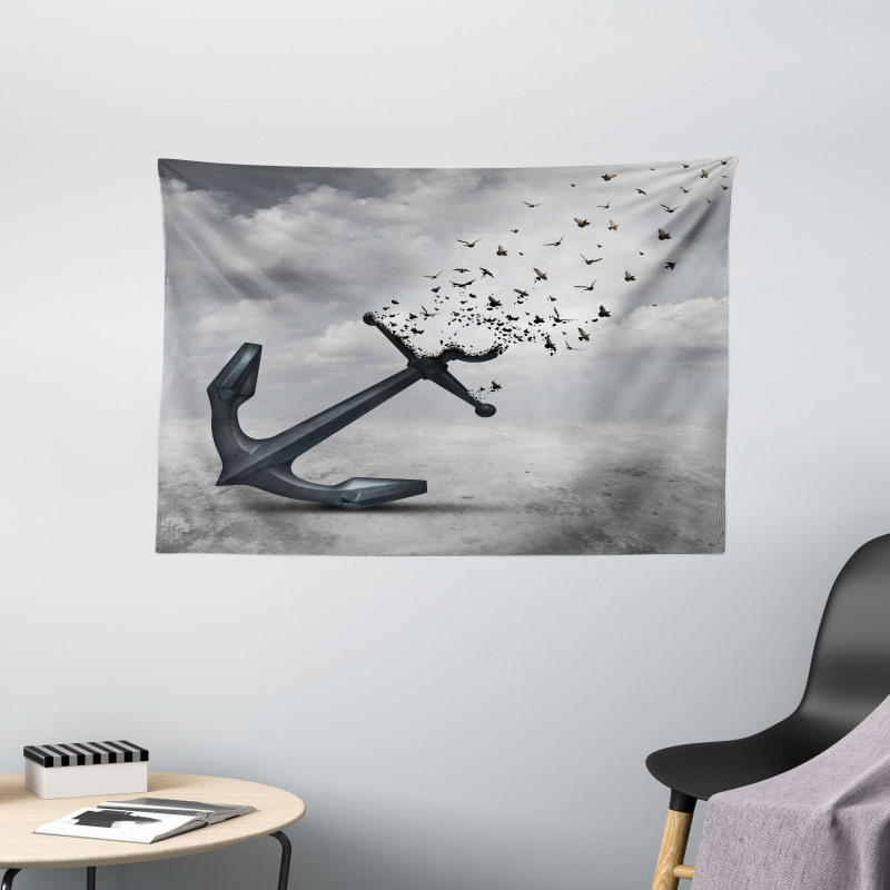 Flying Seagulls Grey Wide Tapestry