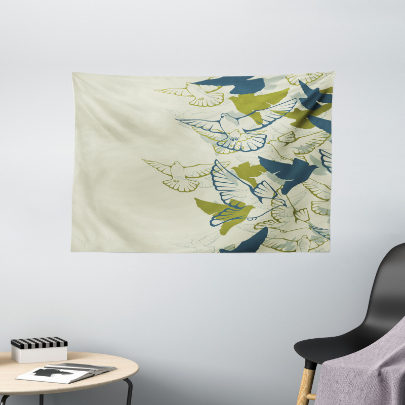 Flock of Flying Pigeons Wide Tapestry