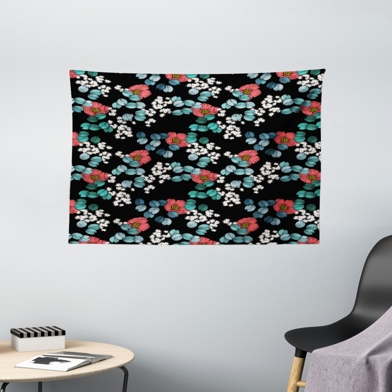 Peony Daisy and Leaves Art Wide Tapestry