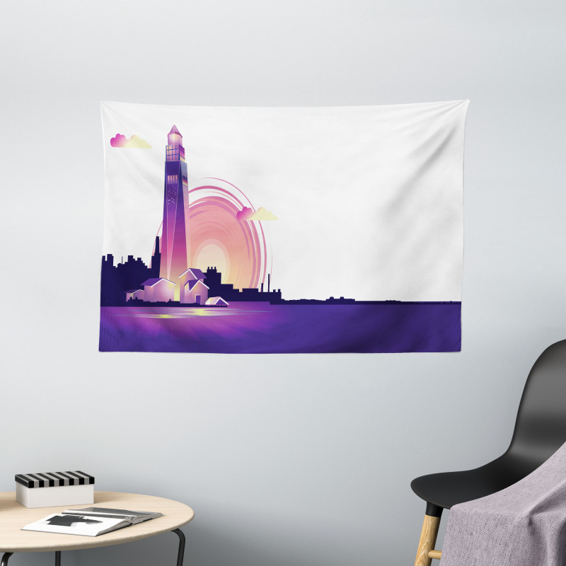 Lighthouse at Sunset Art Wide Tapestry