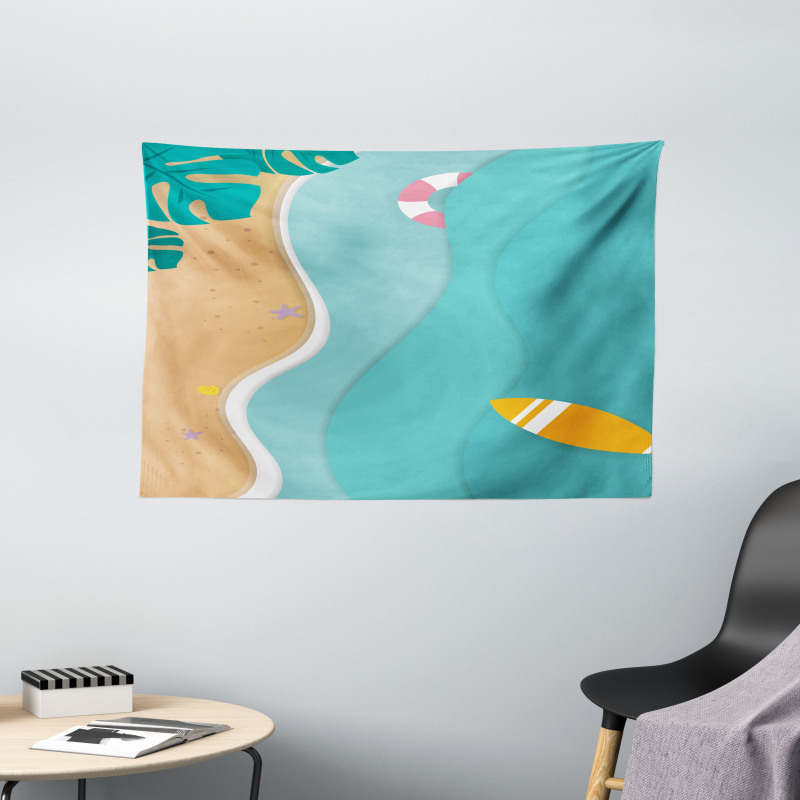 Aerial Cartoon Sea and Beach Wide Tapestry