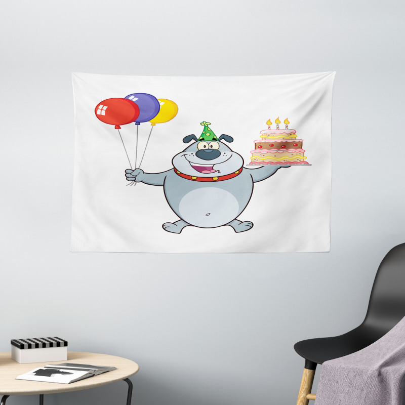 Bulldog Balloons and Cake Wide Tapestry