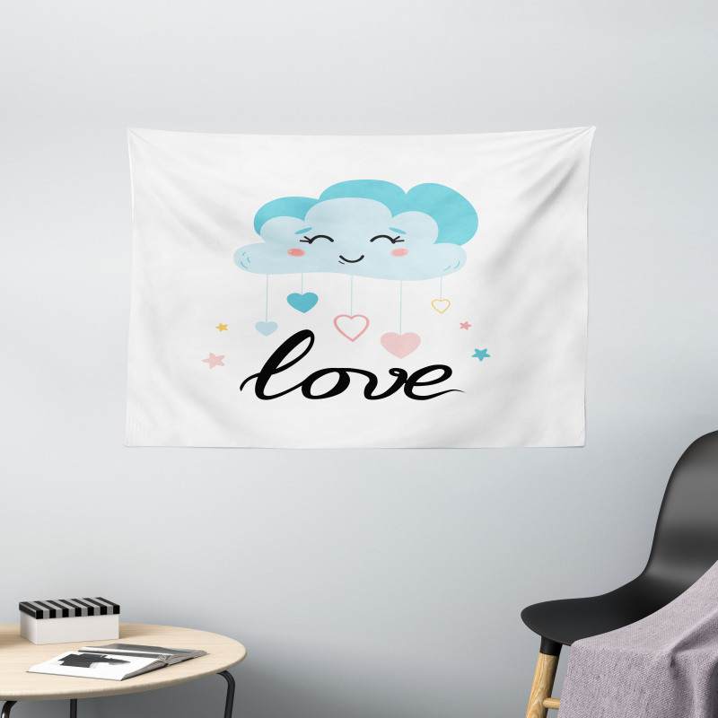 Love Cursive Text and Clouds Wide Tapestry