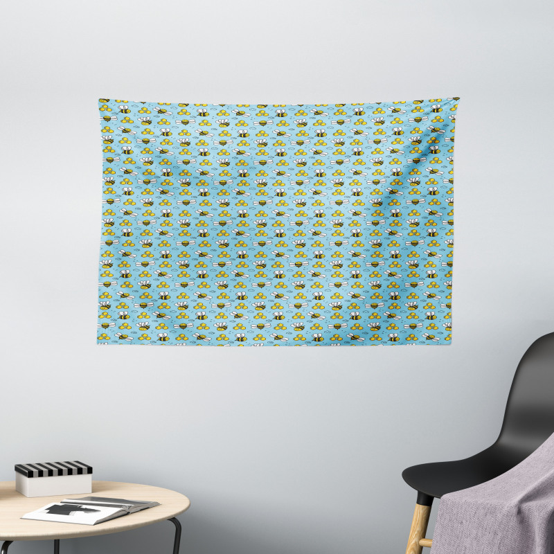 Cartoon Style Happy Bees Wide Tapestry