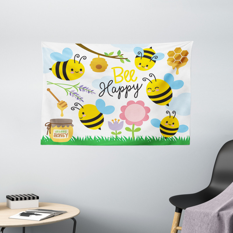 Bee Happy Spring Garden Wide Tapestry