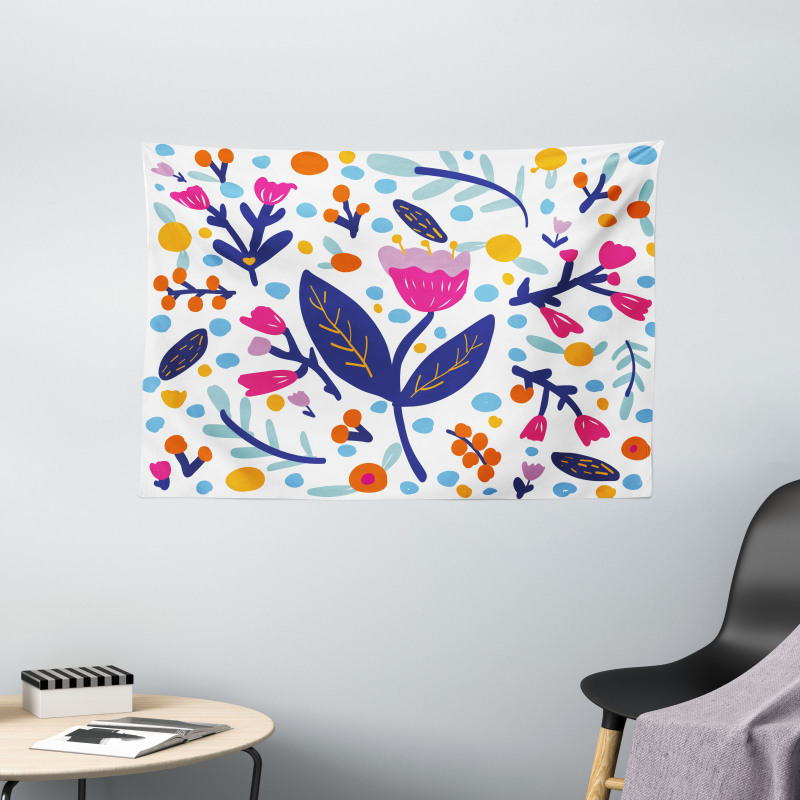 Doodle Style Flowers Blots Wide Tapestry