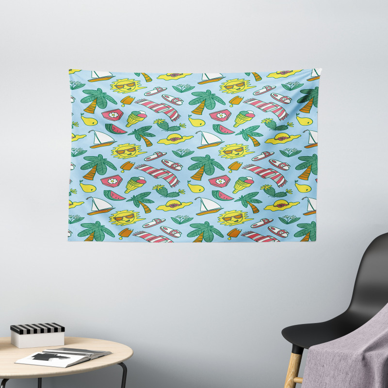 Cartoon Beach Time Design Wide Tapestry