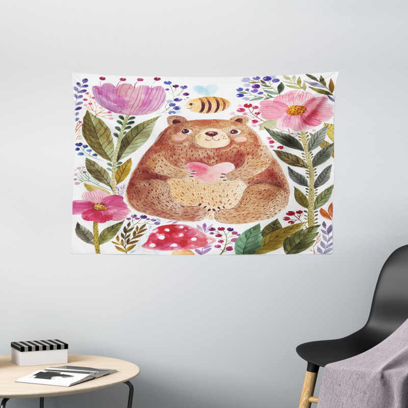 Bear with Flowers Wide Tapestry
