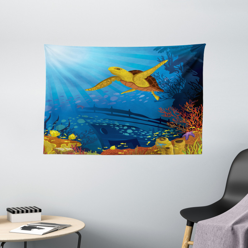 Coral Reef Fish Turtle Wide Tapestry