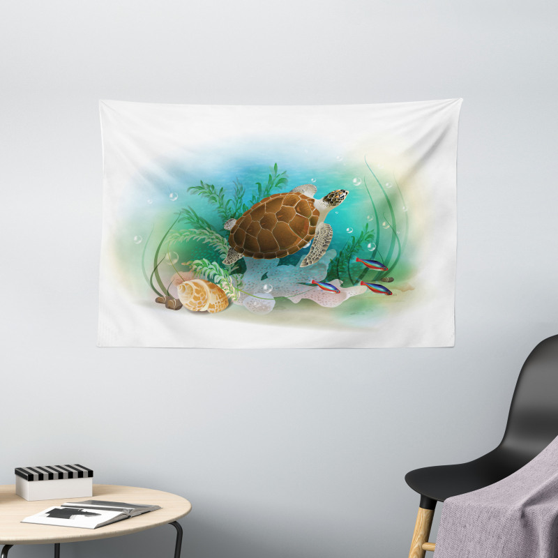 Sea Turtles Underwater Wide Tapestry