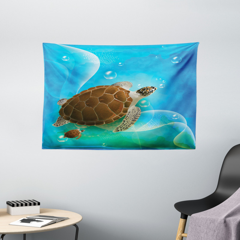 Swimming Turtle Family Wide Tapestry