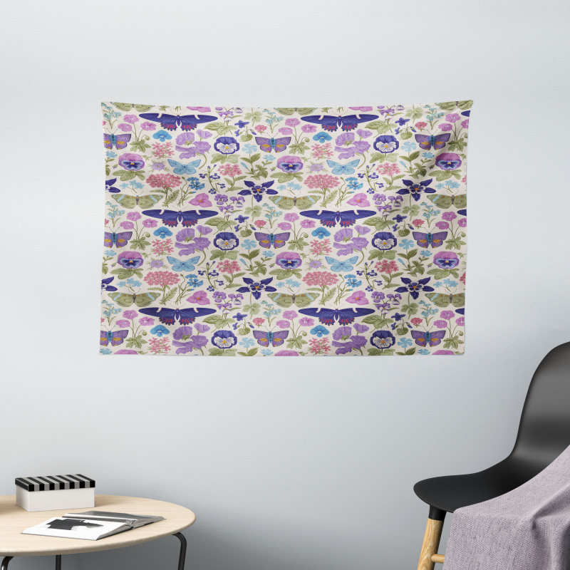 Butterfly Pansy Flower Leaf Wide Tapestry