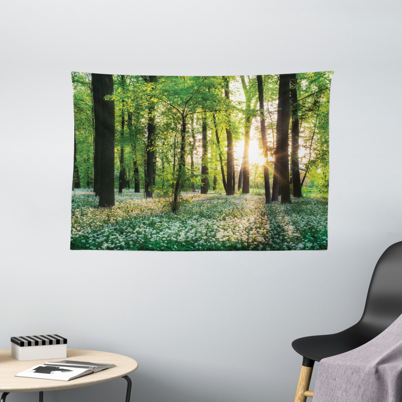 Sunny Forest Blossoms Wide Tapestry